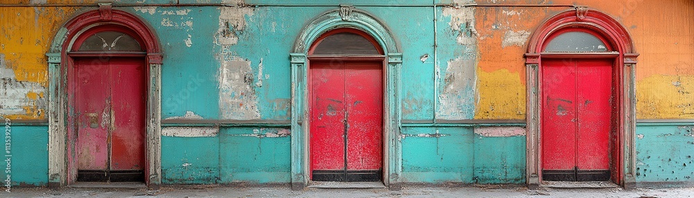 Exploring vibrant doors abandoned building photography urban environment eye-level view colorful architecture Exploring vibrant doors abandoned building photography urban environment eye-level view colorful architecture