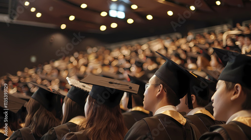 Graduation Ceremony: A sea of black graduation gowns fills a large auditorium, the graduates facing the stage, anticipation and excitement palpable in the air.