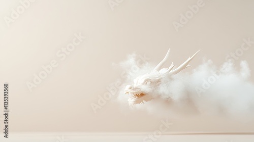 A mystical Chinese dragon emerging from swirls of smoke and incense, its body blending seamlessly into the clouds