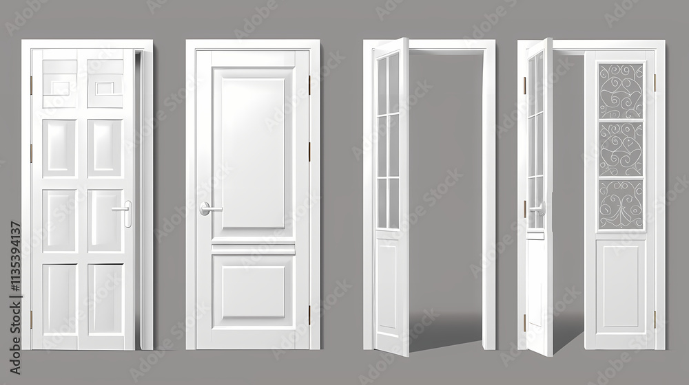 White Interior Doors Set: A collection of four pristine white interior doors, each showcasing a different style and opening configuration. White Interior Doors Set: A collection of four pristine white interior doors, each showcasing a different style and opening configuration.