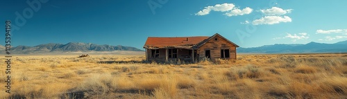 Abandoned house in desert landscape photography rural setting wide-angle view evocative atmosphere for seo optimization