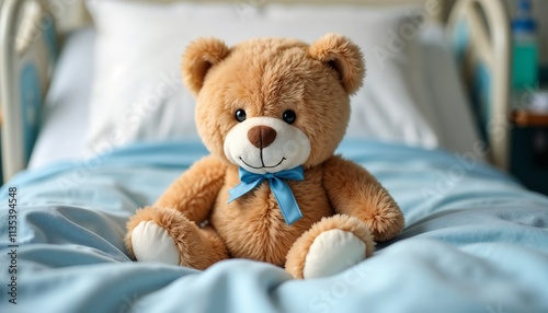 Teddy bear with blue bow sitting on hospital bed, soft light.Comfort. Support. Healing.health, therapy, hospital care, patient support, get well soon cards.Poster, template, flyer, greeting card,