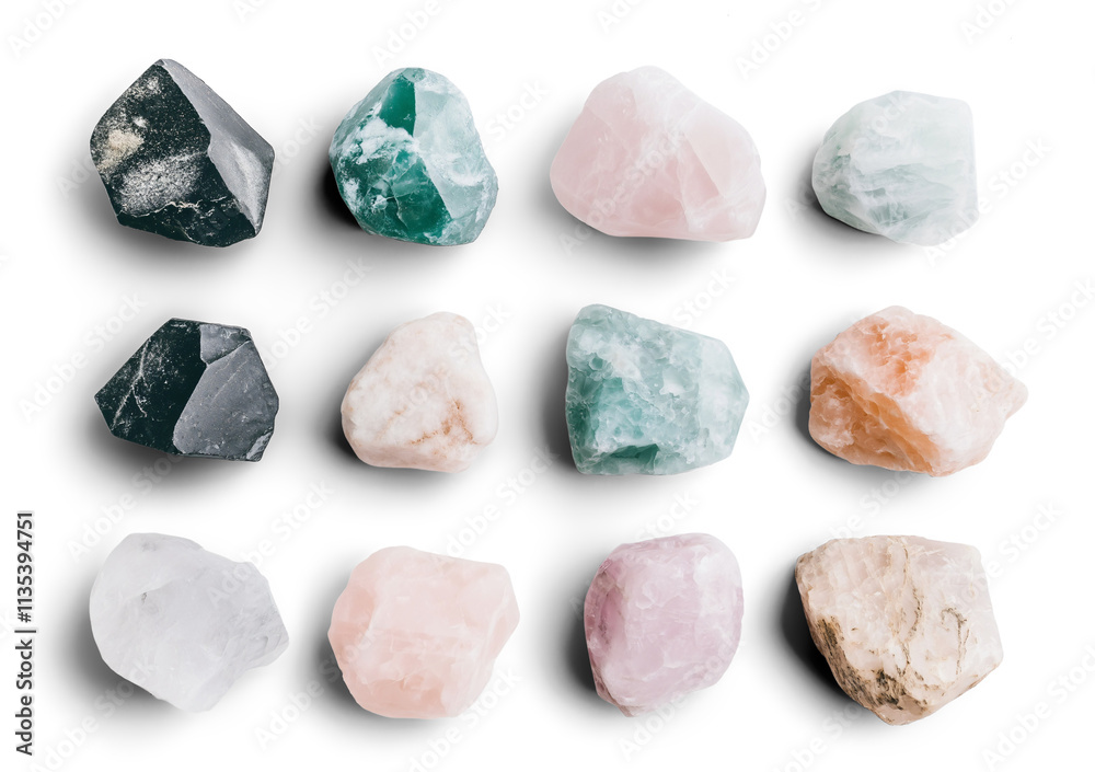 Naklejka premium Varied collection of natural stones showcasing unique colors and textures arranged artistically on a white background