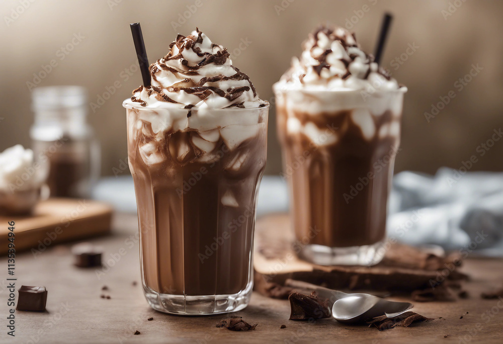 A refreshing iced mocha with whipped cream and chocolate shavings A refreshing iced mocha with whipped cream and chocolate shavings