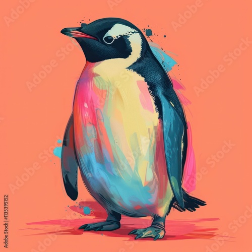 Vibrant and Colorful Penguin in Abstract Pop Art Style  This digital painting features a stylized penguin character with bold brushstrokes splashes of color and a modern contemporary design aesthetic photo