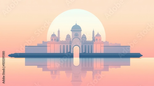 Wallpaper Mural Peaceful Castle Reflected in a Serene Lake - Minimalist Illustration Torontodigital.ca