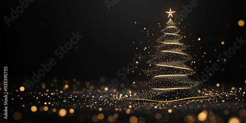 A minimal outline of a Christmas tree with subtle golden lights on black background