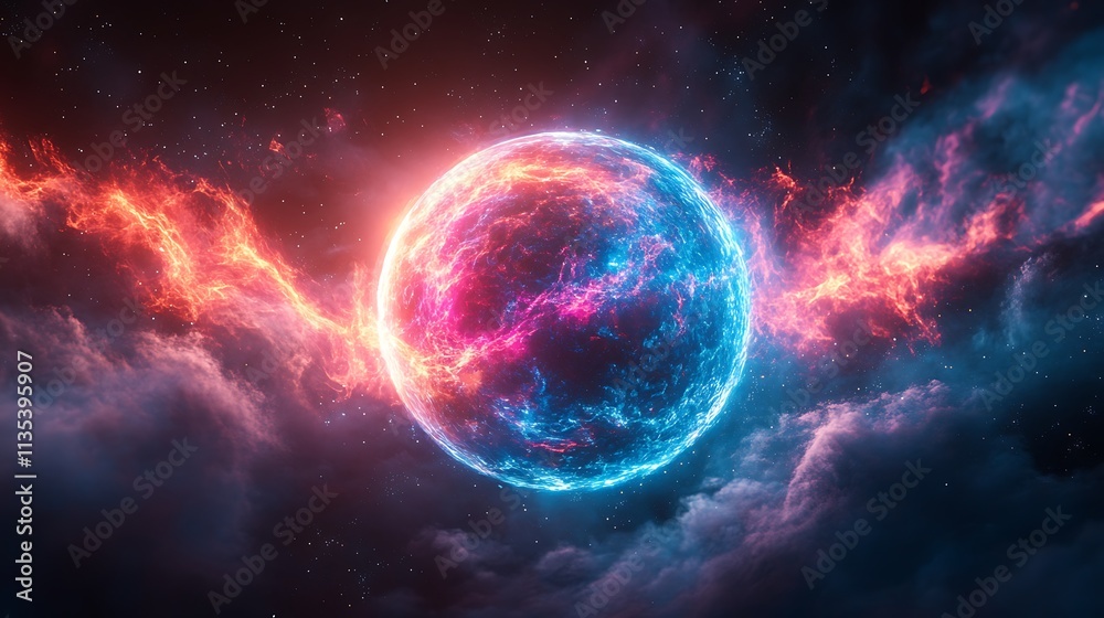 Electric plasma orb blue and pink light rays swirling in dark space abstract quantum science experiment Electric plasma orb blue and pink light rays swirling in dark space abstract quantum science experiment