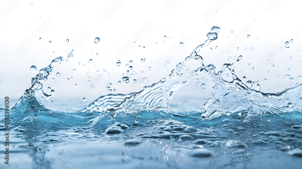 Blue water splashing with bubbles against a white background. Blue water splashing with bubbles against a white background.