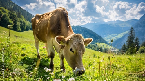 Serene Cow Grazing in Alpine Pasture