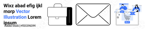 Briefcase icon, envelope symbol, and e-commerce shopping cart with two people icons. Ideal for business presentations, email campaigns, online shopping, e-commerce, digital marketing, corporate