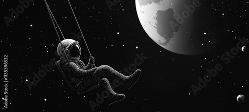 Astronaut on a Swing Wallpaper with Mini Planets in Space Theme photo