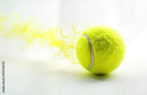 Yellow tennis ball in dynamic motion. Ball in mid-air with blurred yellow strands. Fast action of sports game. Isolated image. High speed sports photo. Focus on tennis sport. Athletic sport action. photo