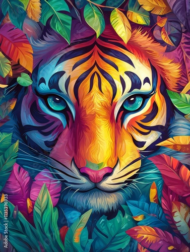 Vibrant tiger face surrounded by colorful leaves and foliage.