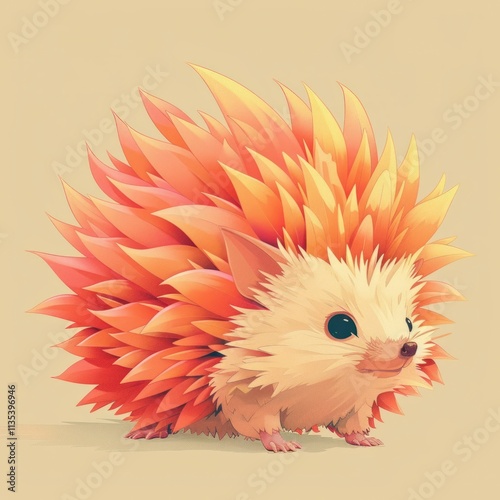 Adorable and whimsical of a cute fluffy porcupine like creature with vibrant colorful spines in a natural woodland environment  This digital artwork features a playful photo