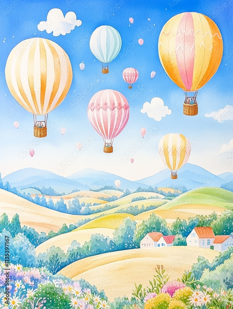 Fototapeta premium Colorful hot air balloons float above a scenic landscape with rolling hills and clouds.