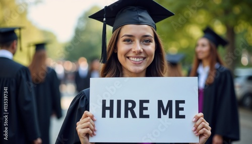 Graduation announcement, job search, motivational poster, business flyer, resume, employment, university banners, design, marketing.Young woman in academic robe and cap holding a 
