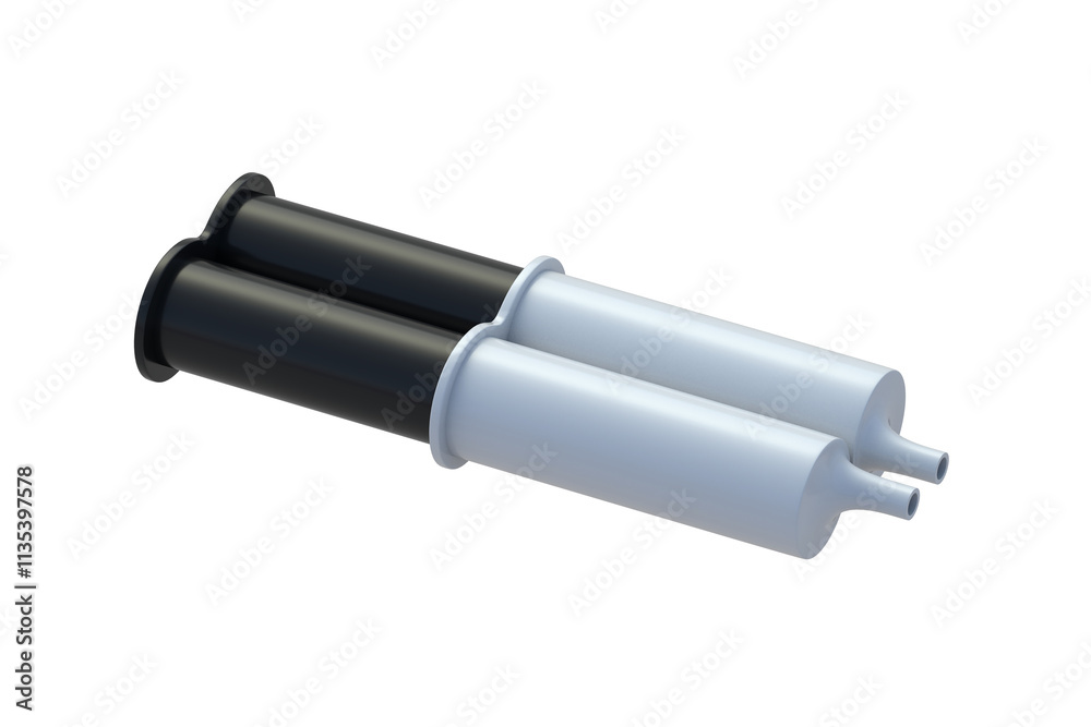 Two-component epoxy resin adhesive in syringe isolated on white background. Glue for metal. Equipment for repair. 3d render Two-component epoxy resin adhesive in syringe isolated on white background. Glue for metal. Equipment for repair. 3d render