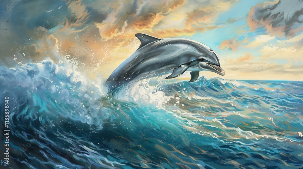 Naklejka premium Dolphin's Leap at Sunset: A Majestic Ocean Scene