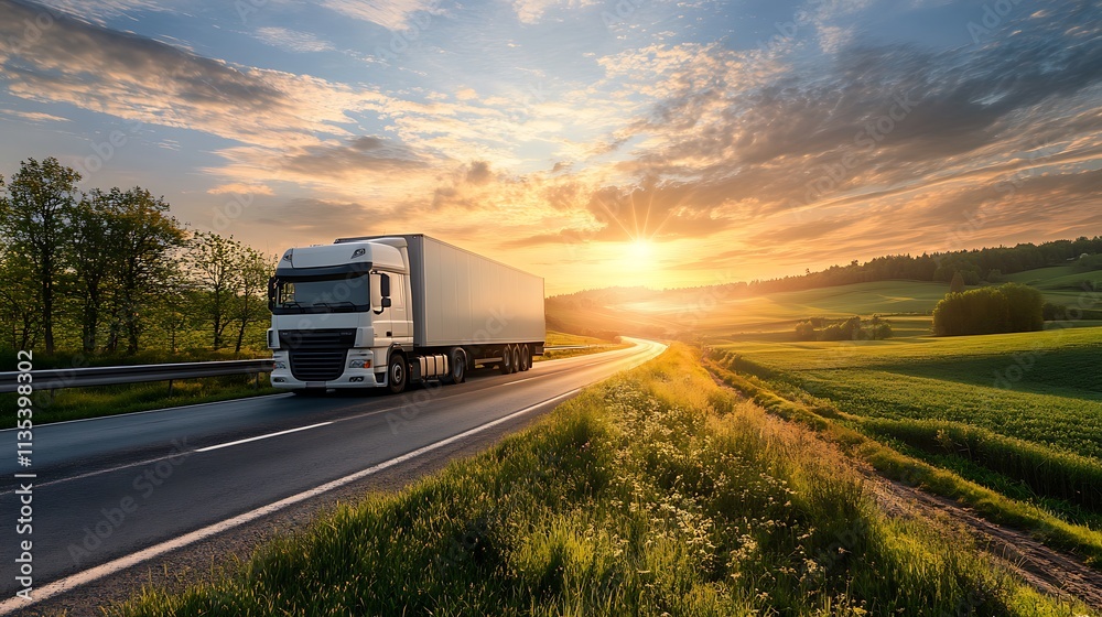 White truck on highway at sunset. Concept of transportation, logistics, and delivery. White truck on highway at sunset. Concept of transportation, logistics, and delivery.