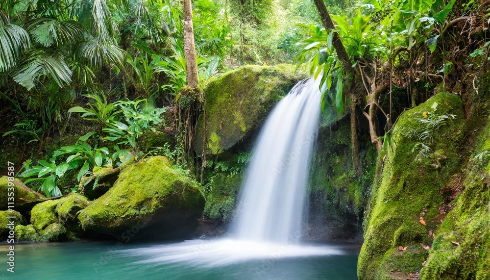 Lush Tropical Jungle with Vibrant Green Foliage Surrounding Serene Hidden Waterfall