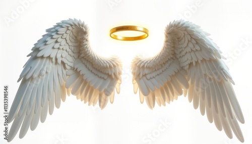 Pair large white angel wings with golden halo float on plain white background. Detailed feather patterns highlight delicate design. Spiritual imagery conveys peace, purity. Art piece suitable for