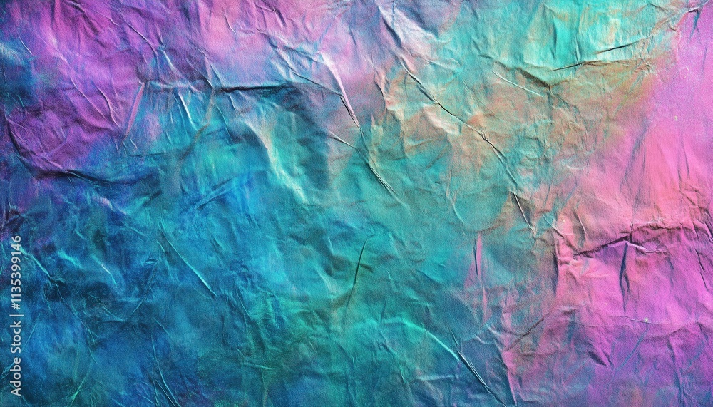 Obraz premium Colorful Holographic Real Ure Featuring Wrinkled Foil In Shades Of Blue, Pink, And Green, Showcasing Scratches And Irregularities In The Design.