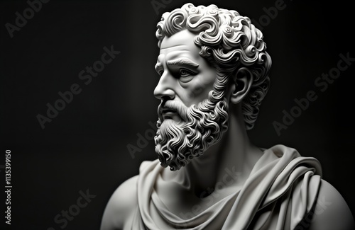 Digital portrait of ancient Greek philosopher. Stoic thinker in contemplation. Minimalist style. Deep shadow, clean lines. Digital art sage in thoughtful pose. Historical, conceptual piece with photo