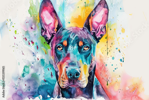 Watercolor painting of a Doberman Pinscher with colorful splashes