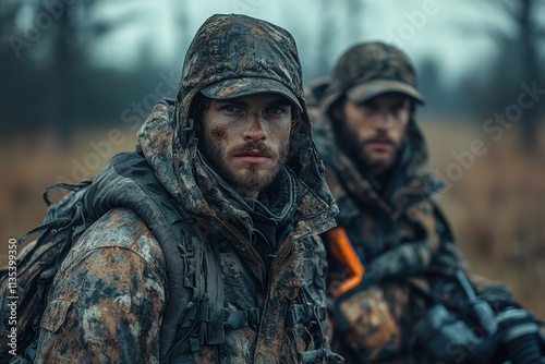 Hunting ambush with two men in camouflage in a misty field during early morning hours