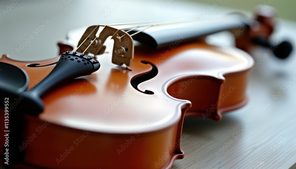Fototapeta premium Close-up view of classic violin. Wooden instrument with beautiful craftsmanship. Violin is laying on table. Details like f-hole and bridge are visible. High quality audio and performance is expected.