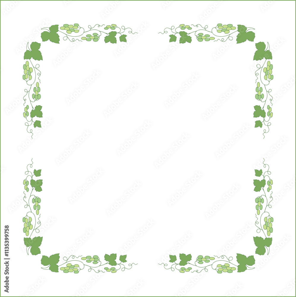 Vegetal frame with grapevine, bunches with green grape, decorative corners for greeting cards, banners, business cards, invitations, menus. Isolated vector illustration.
Vegetal frame with grapevine, bunches with green grape, decorative corners for greeting cards, banners, business cards, invitations, menus. Isolated vector illustration.
