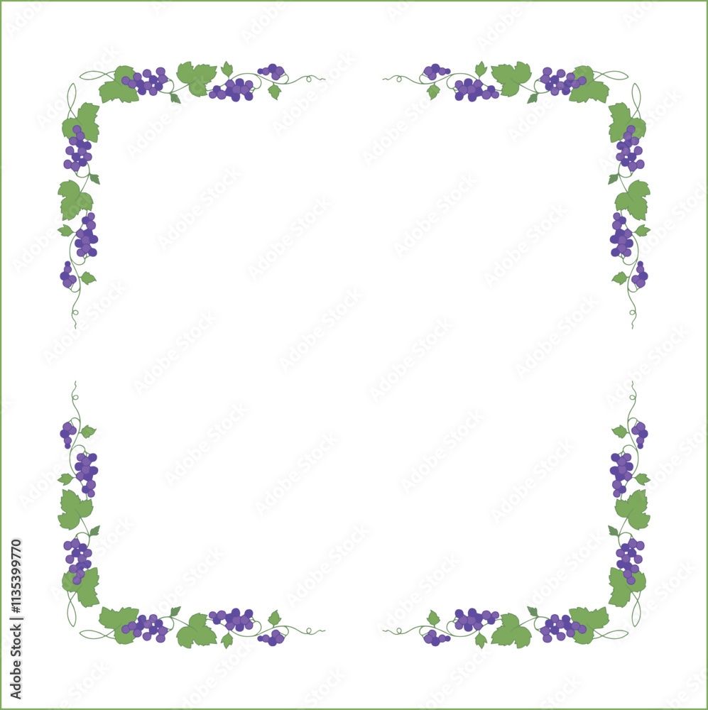 Vegetal frame with grapevine, bunches with blue grape, decorative corners for greeting cards, banners, business cards, invitations, menus. Isolated vector illustration.
Vegetal frame with grapevine, bunches with blue grape, decorative corners for greeting cards, banners, business cards, invitations, menus. Isolated vector illustration.