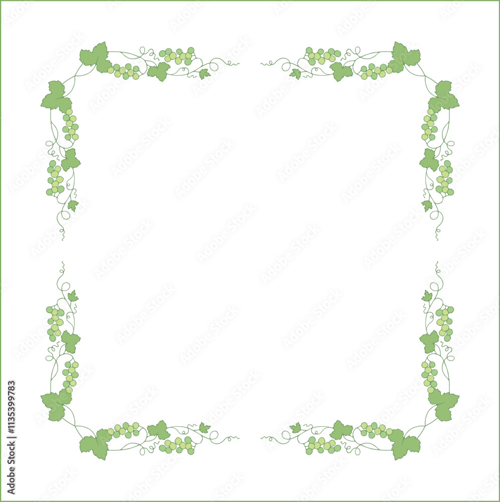 Vegetal frame with grapevine, bunches with green grape, decorative corners for greeting cards, banners, business cards, invitations, menus. Isolated vector illustration.
Vegetal frame with grapevine, bunches with green grape, decorative corners for greeting cards, banners, business cards, invitations, menus. Isolated vector illustration.