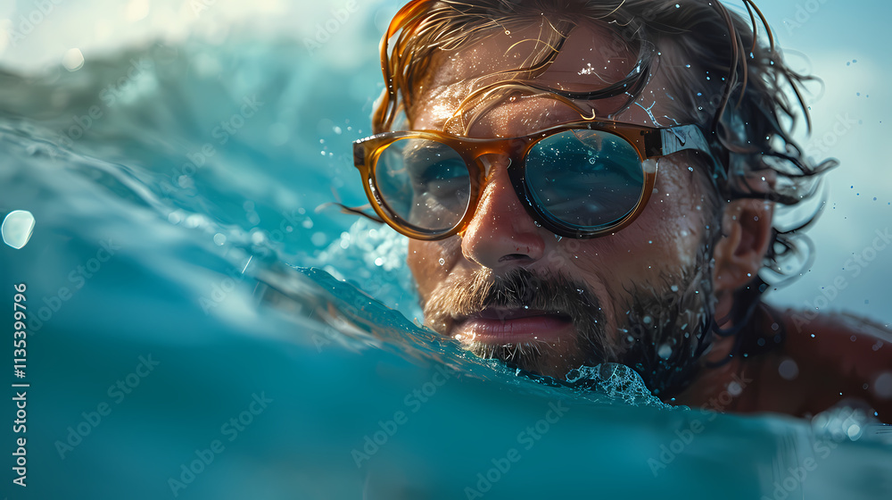 Fototapeta premium Ocean's Embrace: A man with tousled hair and sunglasses emerges from the turquoise ocean, his face partially submerged, conveying a sense of freedom and adventure.