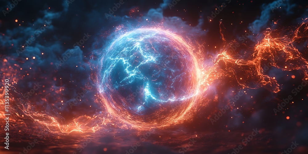 Obraz premium Electric plasma orb blue and pink light rays dark background swirling quantum energy and static discharge