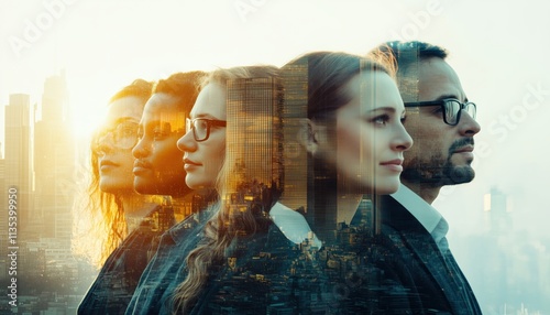 Multiethnic Business Team Members Posed In Front Of A Blurred Cityscape Background. Collaboration And Unity. Toned Image With Double Exposure Effect.