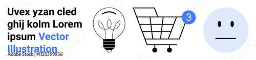 Light bulb, shopping cart with notification badge showing 3, and neutral face emoticon. Ideal for e-commerce, online shopping, notifications, innovation, ideas, emotions, and customer feedback