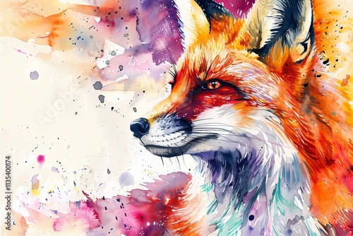 Close-up watercolor painting of a fox with a colorful background