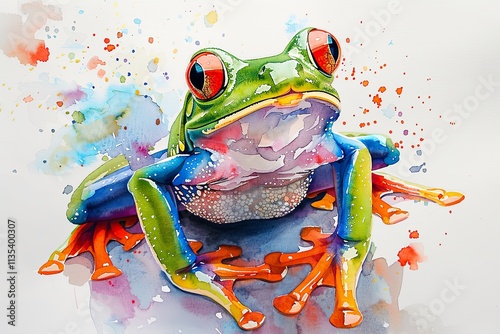 A close-up watercolor painting of a green tree frog with bright red eyes photo