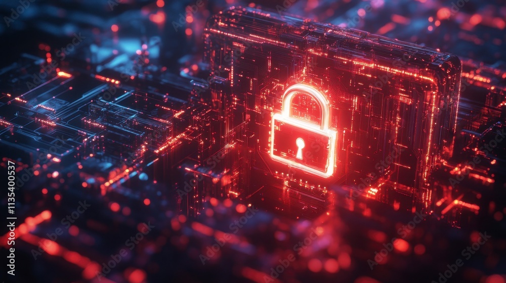 Fototapeta premium Glowing Cyber Security Padlock in Digital Circuitry