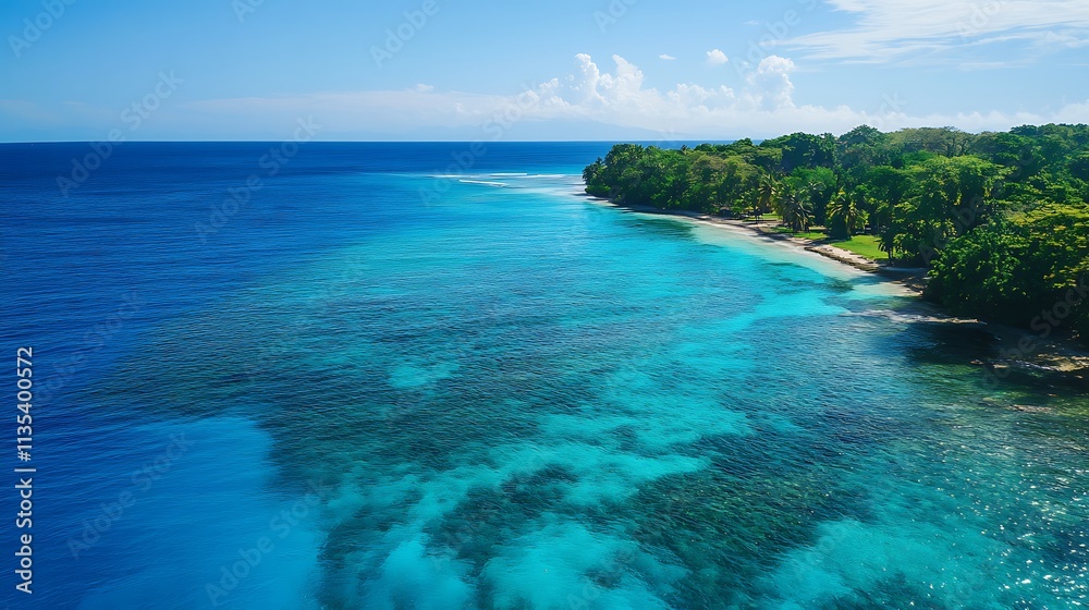 Fototapeta premium Tropical Coastline, Turquoise Water, Pristine Beach. Concept of paradise, vacation, and relaxation.