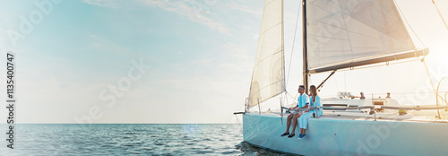 Foto Travel, holiday and couple on boat at sea for sailing adventure, summer cruise and sightseeing nature
