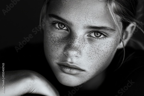 A captivating portrait of a freckled young girl staring directly at the camera with her expressive eyes, evoking innocence and curiosity amidst a dark background that highlights her features. photo