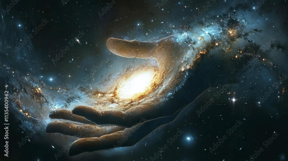 Fototapeta premium Cosmic Hand Gently Holding Spiral Galaxy in Deep Space