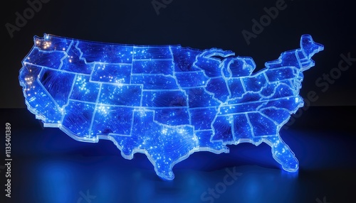 Blue Dimensional United States Map Symbol With Fibre Optic Cell Cables And Shining Center Dots: U.S.A'S Modern Communication Network Technology.