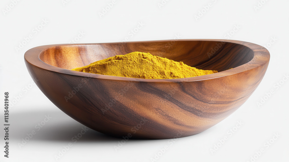 A vibrant wooden bowl filled with golden-yellow powdered turmeric, the powder slightly overflowing the edges, detailed texture on the surface A vibrant wooden bowl filled with golden-yellow powdered turmeric, the powder slightly overflowing the edges, detailed texture on the surface