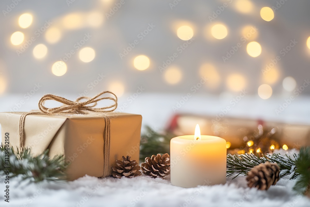 Christmas gift, candle, and decorations on snow with bokeh lights Christmas gift, candle, and decorations on snow with bokeh lights