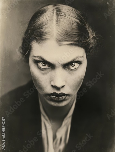 Eerie portrait of a female with intense eyes and early 20th-century formal attire