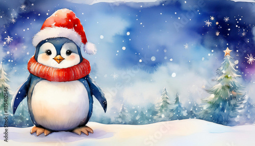 Watercolor illustration of a Merry Christmas card of a lovely penguin wearing a Santa Claus hat with a winter landscape background with copy space for text. Christmas invitation card or letter